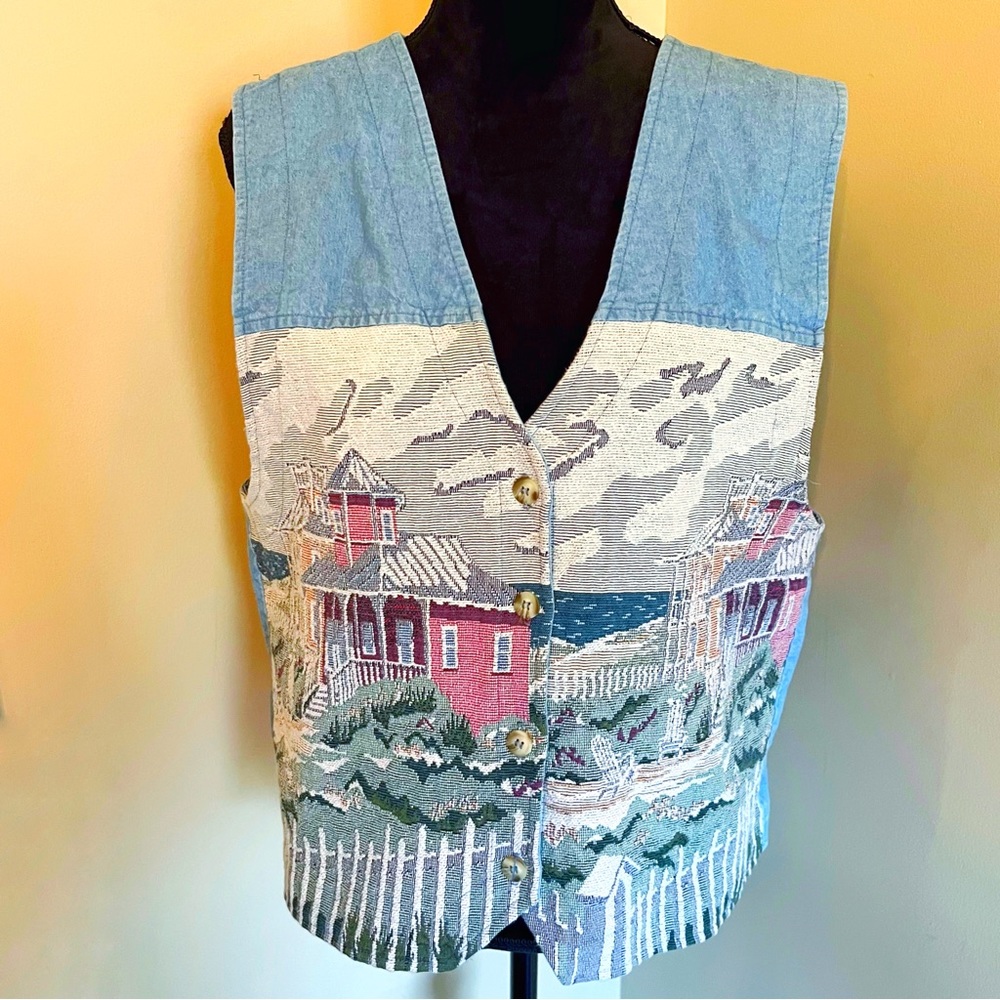 Vintage ORVIS Size XL Denim Tapestry Coastal Scene Vest - Picture 3 of 9